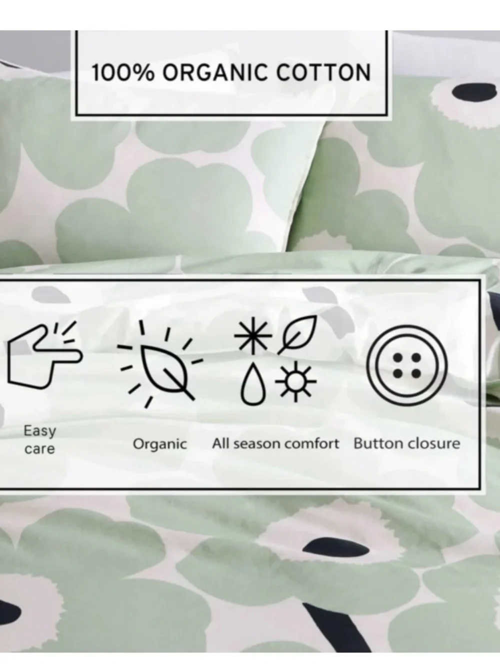 Marimekko UNIKKO 100% Organic Cotton Duvet Cover Set in Celadon Green. Queen.NEW